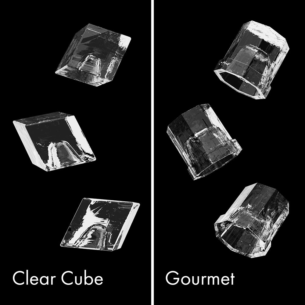 ZLINE Clear Cube Ice Cube (left) compared with Gourmet Ice Cube (right).