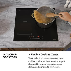 Induction Cooktops Infographic. Image: Person cooking noodles on an induction cooktop. Text: 3 Flexible Cooking Zones. Three induction burners accommodate multiple cookware sizes, with the largest designed to support stock pots, woks, skillets, and pans up to 11 in.