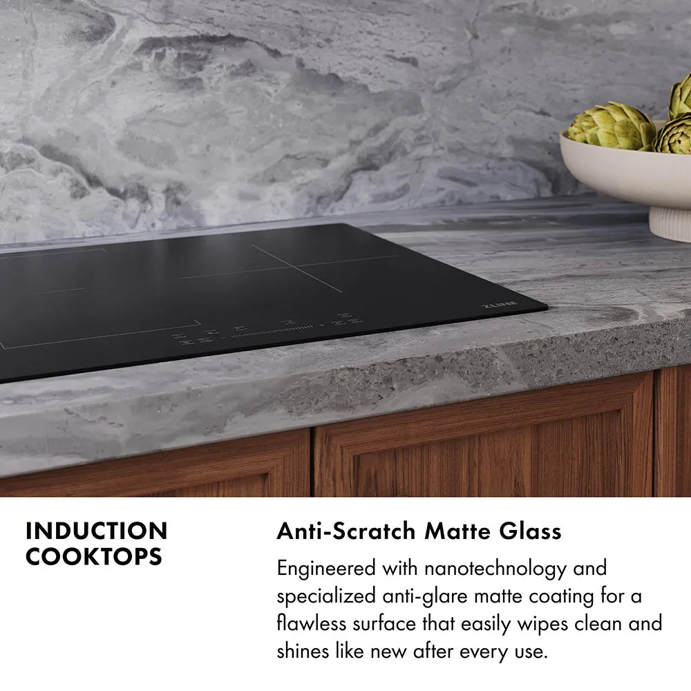 Induction Cooktops Infographic. Image: An induction cooktop set into a stone countertop. Text: Anti-Scratch Matte Glass. Engineered with nanotechnology and a specialized anti-glare matte coating for a flawless surface that easily wipes clean and shines like new after every use.