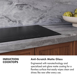 Induction Cooktops Infographic. Image: An induction cooktop set into a stone countertop. Text: Anti-Scratch Matte Glass. Engineered with nanotechnology and a specialized anti-glare matte coating for a flawless surface that easily wipes clean and shines like new after every use.