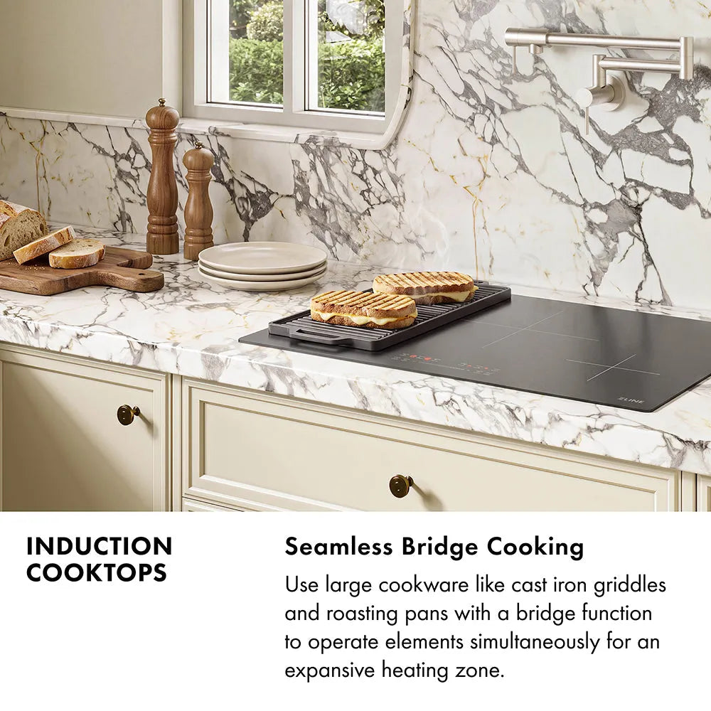 Induction Cooktops Infographic. Image: A kitchen with an induction cooktop cooking sandwiches on a skillet. Text: Seamless Bridge Cooking. Use large cookware like cast iron griddles and roasting pans with a bridge function to operate elements simultaneously for an expansive heating zone.
