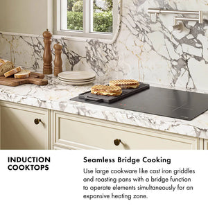Induction Cooktops Infographic. Image: A kitchen with an induction cooktop cooking sandwiches on a skillet. Text: Seamless Bridge Cooking. Use large cookware like cast iron griddles and roasting pans with a bridge function to operate elements simultaneously for an expansive heating zone.