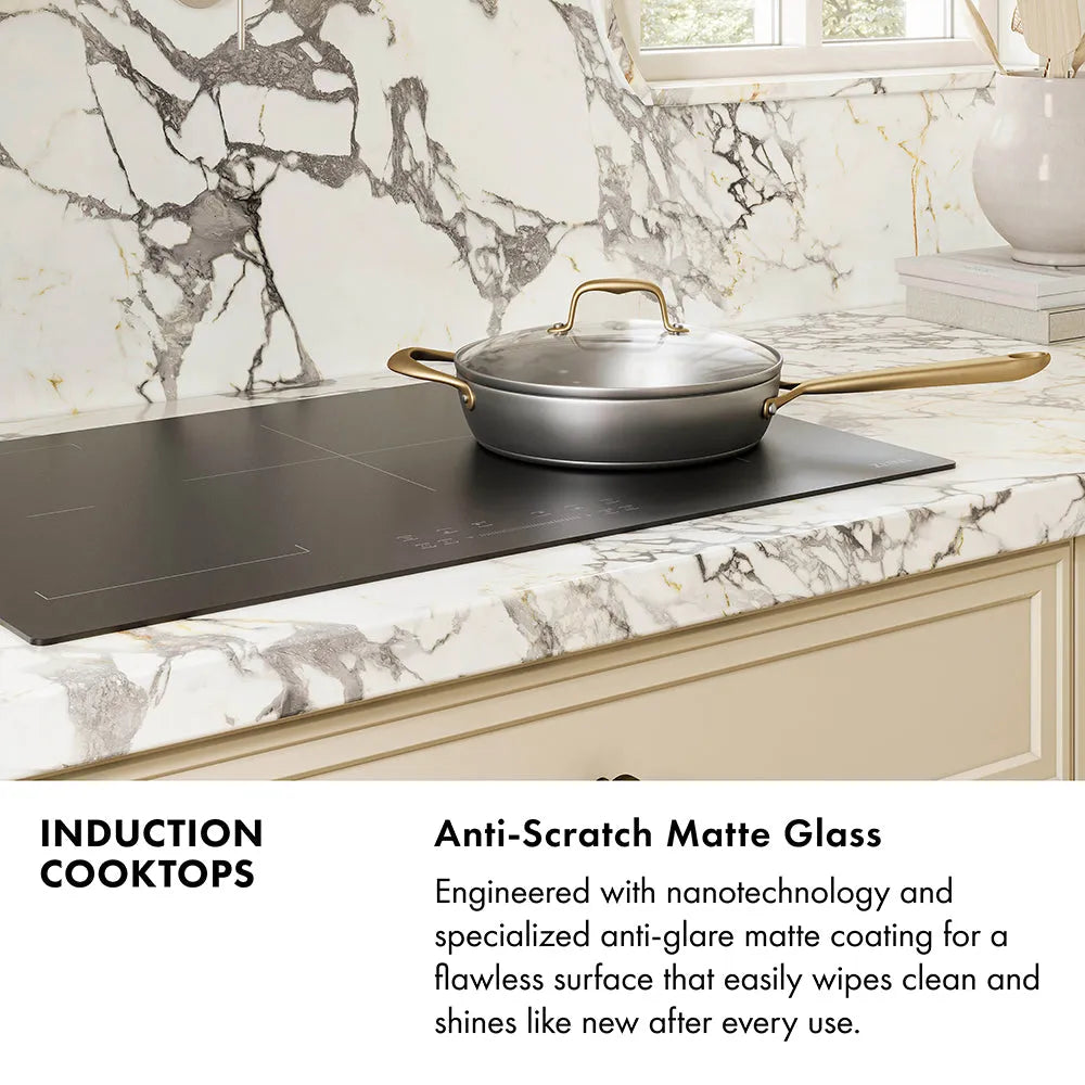 Induction Cooktops Infographic. Image: An induction cooktop set into a marble countertop with a frying pan. Text: Anti-Scratch Matte Glass. Engineered with nanotechnology and a specialized anti-glare matte coating for a flawless surface that easily wipes clean and shines like new after every use.