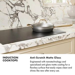 Induction Cooktops Infographic. Image: An induction cooktop set into a marble countertop with a frying pan. Text: Anti-Scratch Matte Glass. Engineered with nanotechnology and a specialized anti-glare matte coating for a flawless surface that easily wipes clean and shines like new after every use.