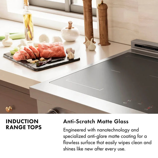 Induction Rangetops Infographic. Image: Induction rangetop on a kitchen counter. Text: Anti-Scratch Matte Glass. Engineered with nanotechnology and specialized anti-glare matte coating for a flawless surface that easily wipes clean and shines like new after every use.