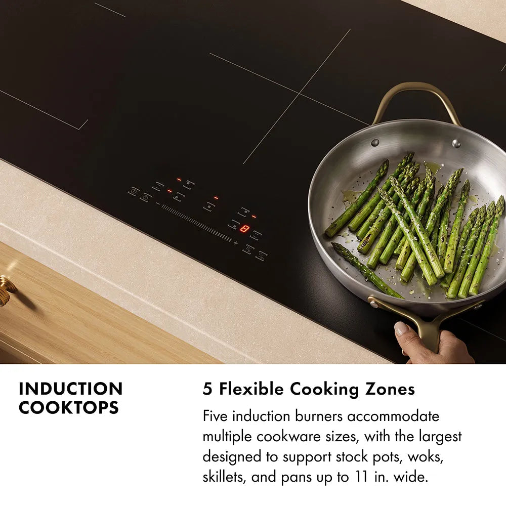 Induction Cooktops Infographic. Image: Induction cooktop shown in a kitchen setting with a stainless steel pan of asparagus. Text: 5 Flexible Cooking Zones. Five induction burners accommodate multiple cookware sizes, with the largest designed to support stock pots, woks, skillets, and pans up to 11 in.
