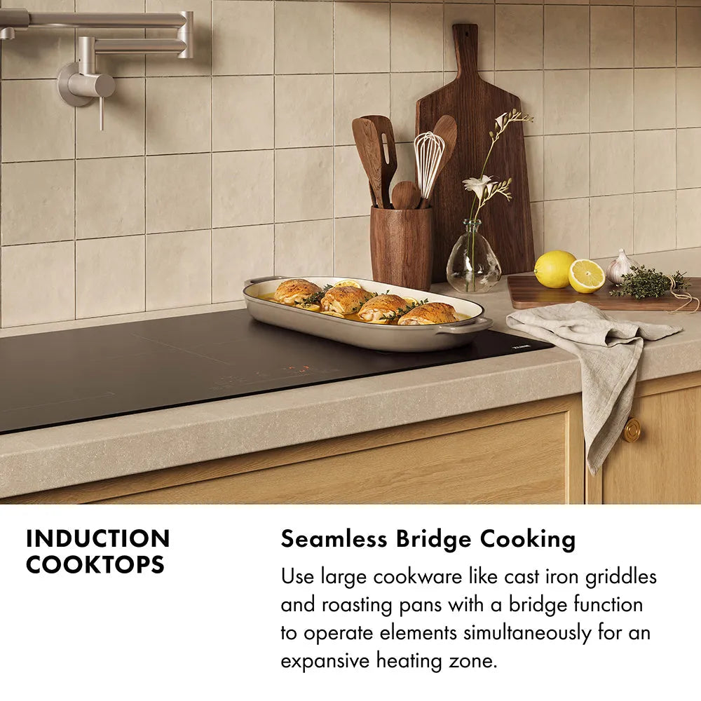 Induction Cooktops Infographic. Image: A kitchen with an induction cooktop cooking a roasting pan full of food. Text: Seamless Bridge Cooking. Use large cookware like cast iron griddles and roasting pans with a bridge function to operate elements simultaneously for an expansive heating zone.