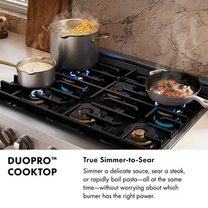 DuoPro™ Cooktop Infographic. Text: True Simmers-to-Sear. Simmer a delicate sauce, sear a steak, or rapidly boil pasta—all at the same time, without worry about which burner has the right power.
