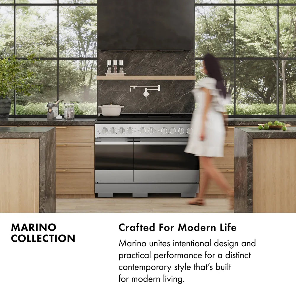 Marino Collection Infographic. Image: A modern kitchen scene featuring a Marino range with a blurred woman walking past it. Large windows show green trees outside. Text: Crafted For Modern Life. Marino unites intentional design and practical performance for a distinct contemporary style that's built for modern living.