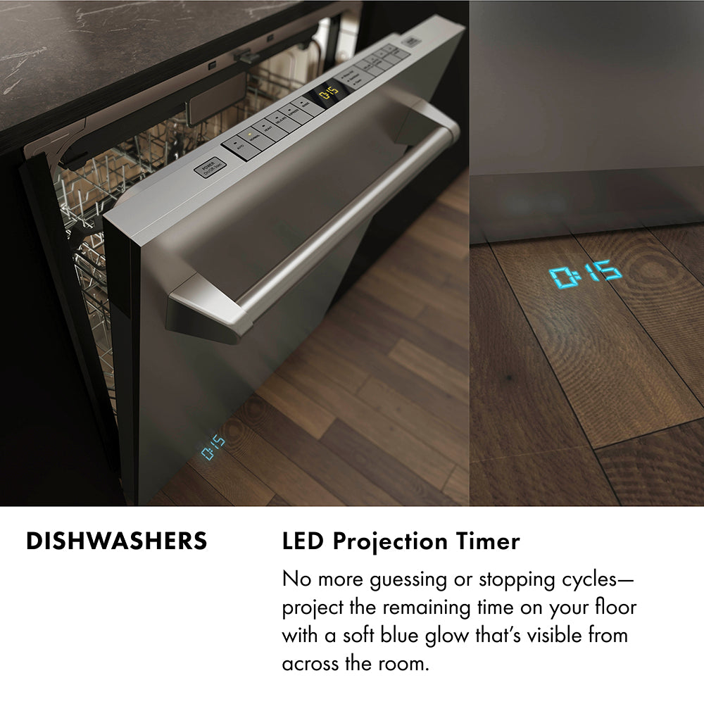 ZLINE Dishwasher Infographic. Image: Dishwasher with LED projection timer on a wooden floor. Text: LED Projection Timer. No more guessing or stopping cycles–project the remaining time on your floor with a soft blue glow that's visible from across the room.