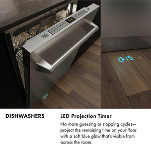 ZLINE Dishwasher Infographic. Image: Dishwasher with LED projection timer on a wooden floor. Text: LED Projection Timer. No more guessing or stopping cycles–project the remaining time on your floor with a soft blue glow that's visible from across the room.