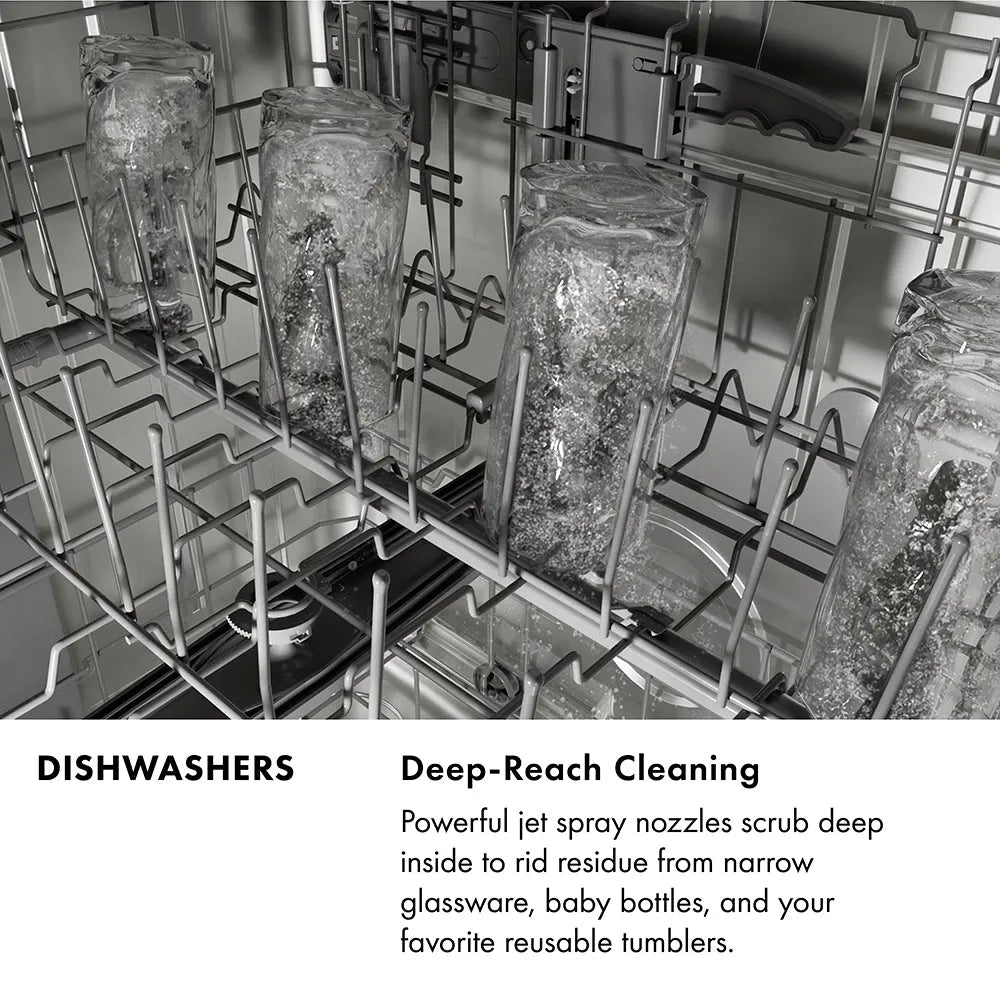 ZLINE Dishwasher Infographic. Image: Glass bottles being cleaned with jet spray nozzles. Text: Deep-reach cleaning. Powerful jet spray nozzles scrub deep inside to rid residue from narrow glassware, baby bottles, and your favorite reusable tumblers.