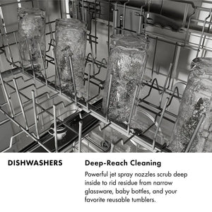 ZLINE Dishwasher Infographic. Image: Glass bottles being cleaned with jet spray nozzles. Text: Deep-reach cleaning. Powerful jet spray nozzles scrub deep inside to rid residue from narrow glassware, baby bottles, and your favorite reusable tumblers.