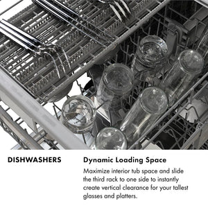 ZLINE Dishwasher Infographic. Image: Dishwasher with dynamic loading space feature, showing glasses and platters.. Text: Dynamic Loading Space. Maximize interior tub space and slide the slide rack to one side to instantly create vertical clearance for your tallest glasses and platters.