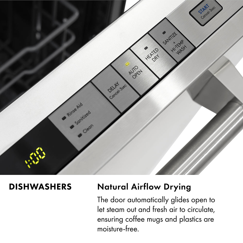 ZLINE Dishwasher Infographic. Image: Dishwasher control panel with display. Text: Natural Airflow Drying. The door automatically glides open to let steam out and allow fresh air to circulate, ensuring coffee mugs and plastics are moisture free.