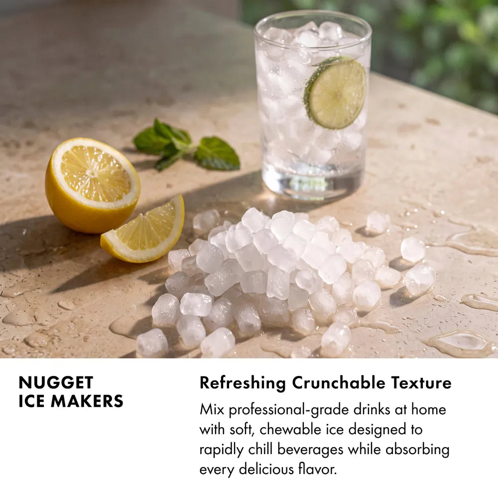 Nugget Ice Makers Infographic. Image: A pile of nugget ice cubes sits beside a drink with a lime wedge. Text: Refreshing Crunchable Texture. Mix professional-grade drinks at home with soft, chewable ice designed to rapidly chill beverages while absorbing every delicious flavor.
