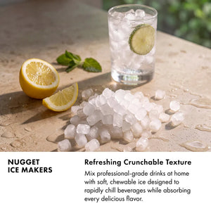 Nugget Ice Makers Infographic. Image: A pile of nugget ice cubes sits beside a drink with a lime wedge. Text: Refreshing Crunchable Texture. Mix professional-grade drinks at home with soft, chewable ice designed to rapidly chill beverages while absorbing every delicious flavor.