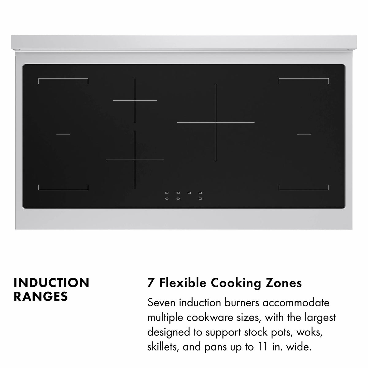 Induction Range Infographic. Image: Above induction cooking zones. Text: 7 Flexible Cooking Zones. Seven induction burners accommodate multiple cookware sizes, with the largest designed to support stock pots, woks, skillets, and pans up to 11 in. wide.