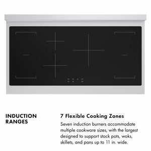 Induction Range Infographic. Image: Above induction cooking zones. Text: 7 Flexible Cooking Zones. Seven induction burners accommodate multiple cookware sizes, with the largest designed to support stock pots, woks, skillets, and pans up to 11 in. wide.