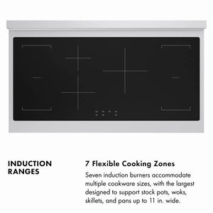 Induction Range Infographic. Image: Above induction cooking zones. Text: 7 Flexible Cooking Zones. Seven induction burners accommodate multiple cookware sizes, with the largest designed to support stock pots, woks, skillets, and pans up to 11 in. wide.