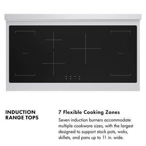 Induction Rangetops Infographic. Image: Above induction cooking zones. Text: 7 Flexible Cooking Zones. Seven induction burners accommodate multiple cookware sizes, with the largest designed to support stock pots, woks, skillets, and pans up to 11 in. wide.