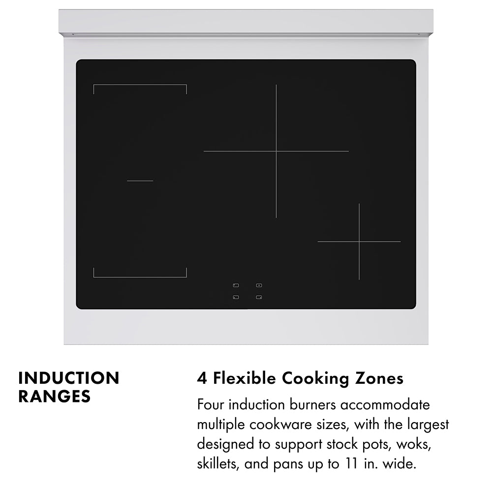 Induction Range Infographic. Image: Above induction cooktop. Text: 4 Flexible Cooking Zones. Four induction burners accommodate multiple cookware sizes, with the largest designed to support stock pots, woks, skillets, and pans up to 11 in. wide.