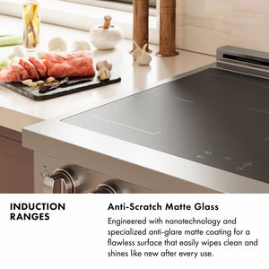 Induction Range Infographic. Image: Anti-scratch matte glass surface in a kitchen setting. Text: Anti-Scratch Matte Glass. Engineered with nanotechnology and specialized anti-glare matte coating for a flawless surface that easily wipes clean and shines like new after every use.