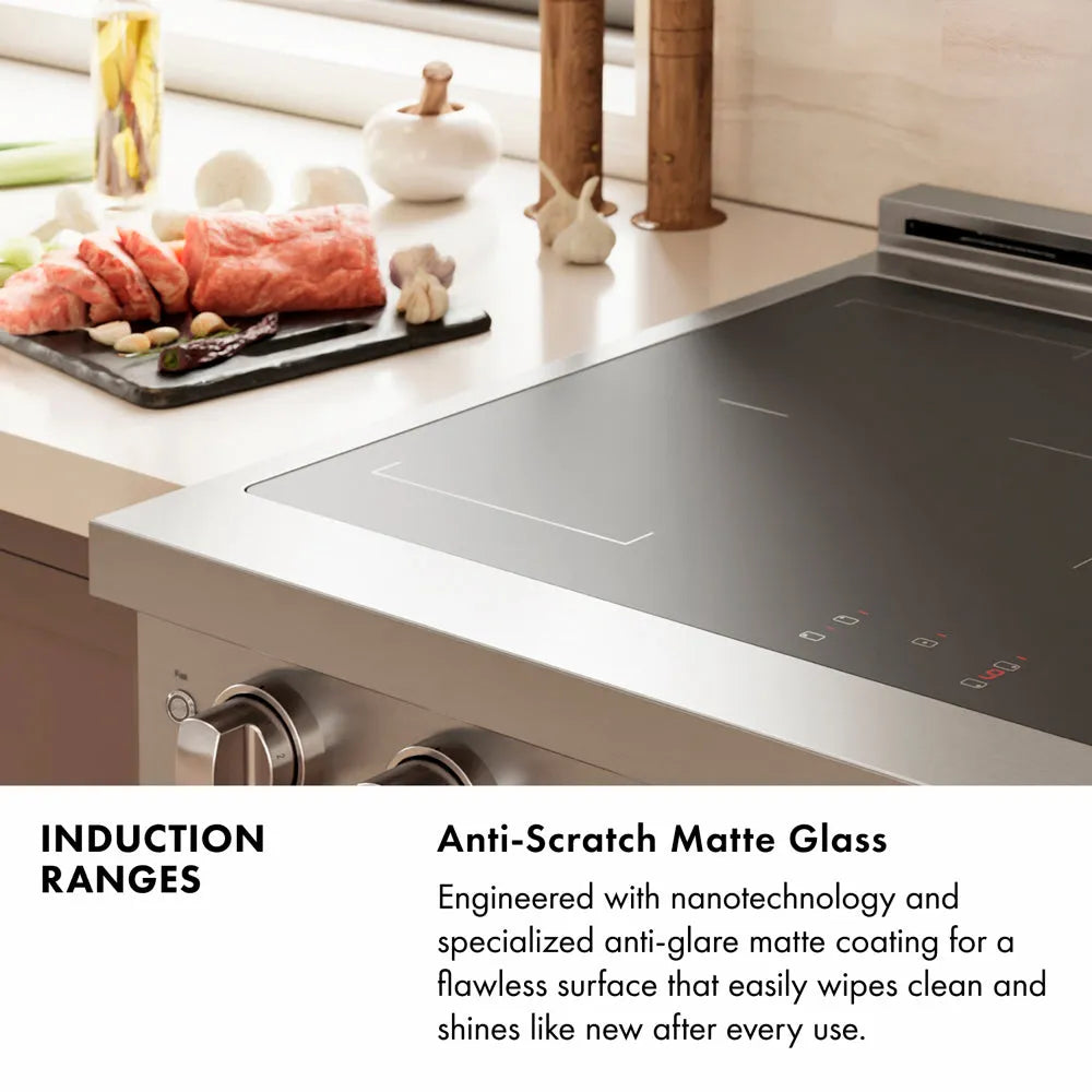 Induction Range Infographic. Image: Anti-scratch matte glass surface in a kitchen setting. Text: Anti-Scratch Matte Glass. Engineered with nanotechnology and specialized anti-glare matte coating for a flawless surface that easily wipes clean and shines like new after every use.