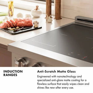 Induction Range Infographic. Image: Anti-scratch matte glass surface in a kitchen setting. Text: Anti-Scratch Matte Glass. Engineered with nanotechnology and specialized anti-glare matte coating for a flawless surface that easily wipes clean and shines like new after every use.
