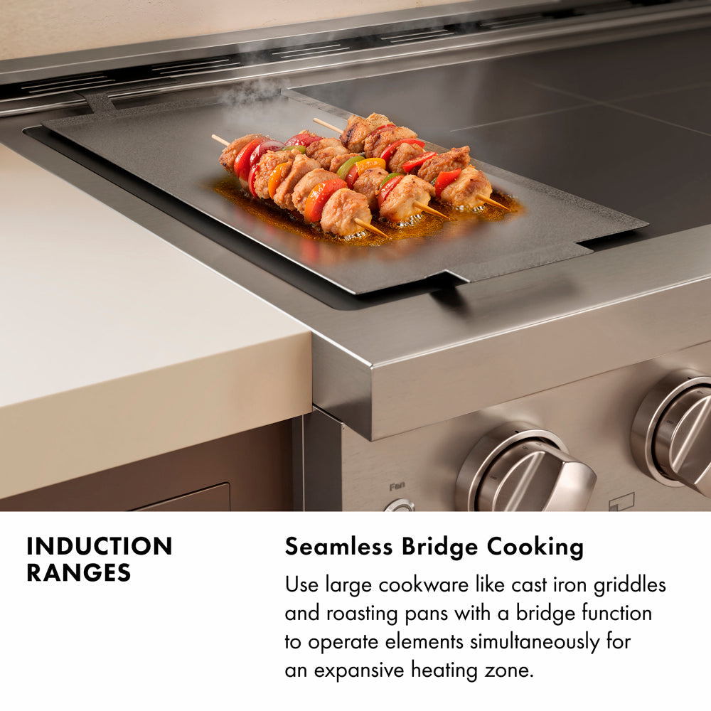 Induction Range Infographic. Image: Induction range with skewers being cooked on a griddle. Text: Seamless Bridge Cooking. Use large cookware like cast-iron griddles and roasting pans with a bridge function to operate elements simultaneously for an expansive heating zone.