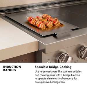 Induction Range Infographic. Image: Food being cooked on a griddle. Text: Seamless Bridge Cooking. Use large cookware like cast iron griddles and roasting pans with a bridge function to operate elements simultaneously for an expansive heating zone.
