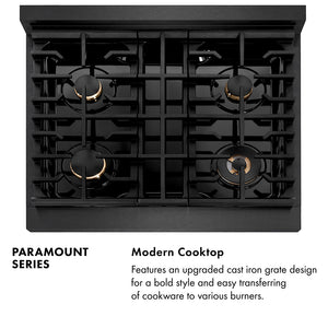 Paramount Series Infographic. Modern Cooktop. Text: Features an upgraded cast iron grate design for a bold style and easy transferring of cookware to various burners.