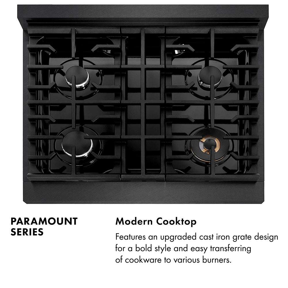 Paramount Series Infographic. Modern Cooktop. Text: Features an upgraded cast iron grate design for a bold style and easy transferring of cookware to various burners.