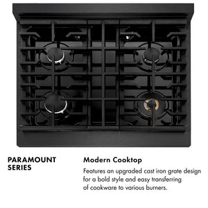 Paramount Series Infographic. Modern Cooktop. Text: Features an upgraded cast iron grate design for a bold style and easy transferring of cookware to various burners.