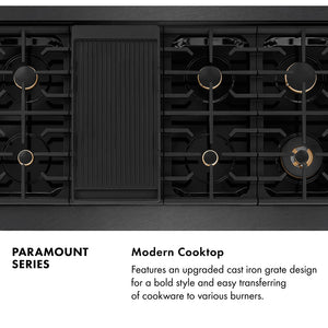 Paramount Series Infographic. Modern Cooktop. Text: Features an upgraded cast iron grate design for a bold style and easy transferring of cookware to various burners.