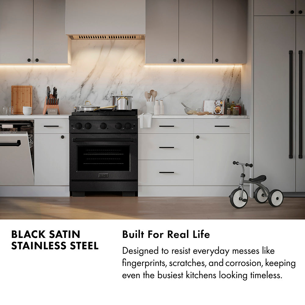 Black Satin Stainless Steel infographic. Modern kitchen with black satin stainless steel appliances and white cabinets. Text: Built for Real Life. Designed to resist everyday messes like fingerprints, scratches, and corrosion, keeping even the busiest kitchens looking timeless.