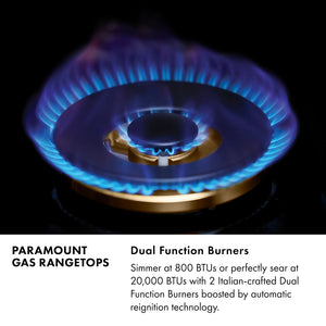 Paramount Gas Rangetops Infographic. Dual Function Burners. Text: Simmer at 800 BTUs or perfectly sear at 20,000 BTUs with 2 Italian-crafted Dual Function Burners boosted by automatic reignition technology.