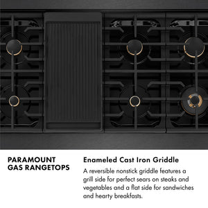Paramount Gas Rangetops Infographic. Enameled Cast Iron Griddle. Text: A reversible nonstick griddle features a grill side for perfect sears on steaks and vegetables and a flat side for sandwiches and hearty breakfasts.