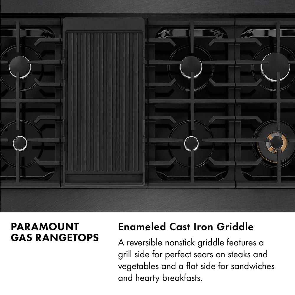 Paramount Gas Rangetops Infographic. Enameled Cast Iron Griddle. Text: A reversible nonstick griddle features a grill side for perfect sears on steaks and vegetables and a flat side for sandwiches and hearty breakfasts.