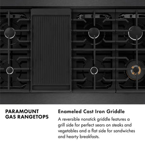 Paramount Gas Rangetops Infographic. Enameled Cast Iron Griddle. Text: A reversible nonstick griddle features a grill side for perfect sears on steaks and vegetables and a flat side for sandwiches and hearty breakfasts.