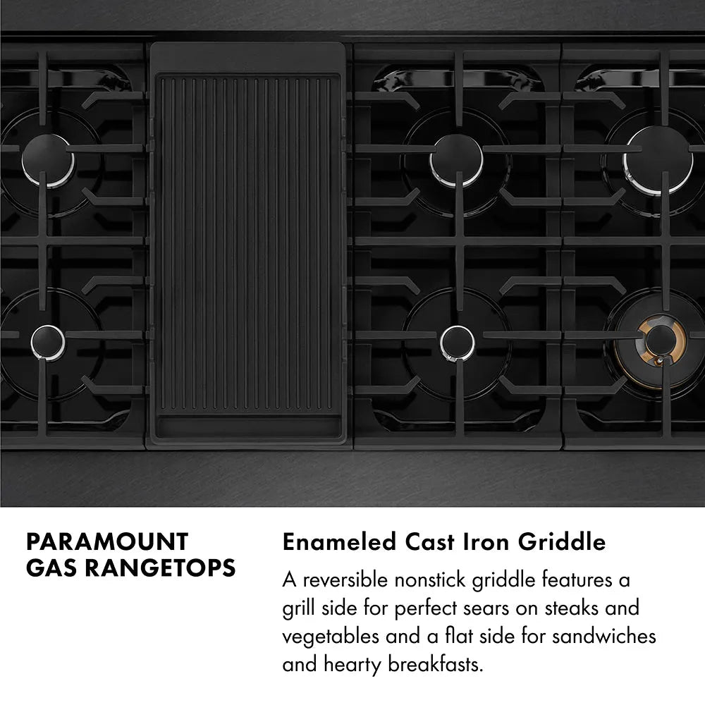 Paramount Gas Rangetops Infographic. Enameled Cast Iron Griddle. Text: A reversible nonstick griddle features a grill side for perfect sears on steaks and vegetables and a flat side for sandwiches and hearty breakfasts.