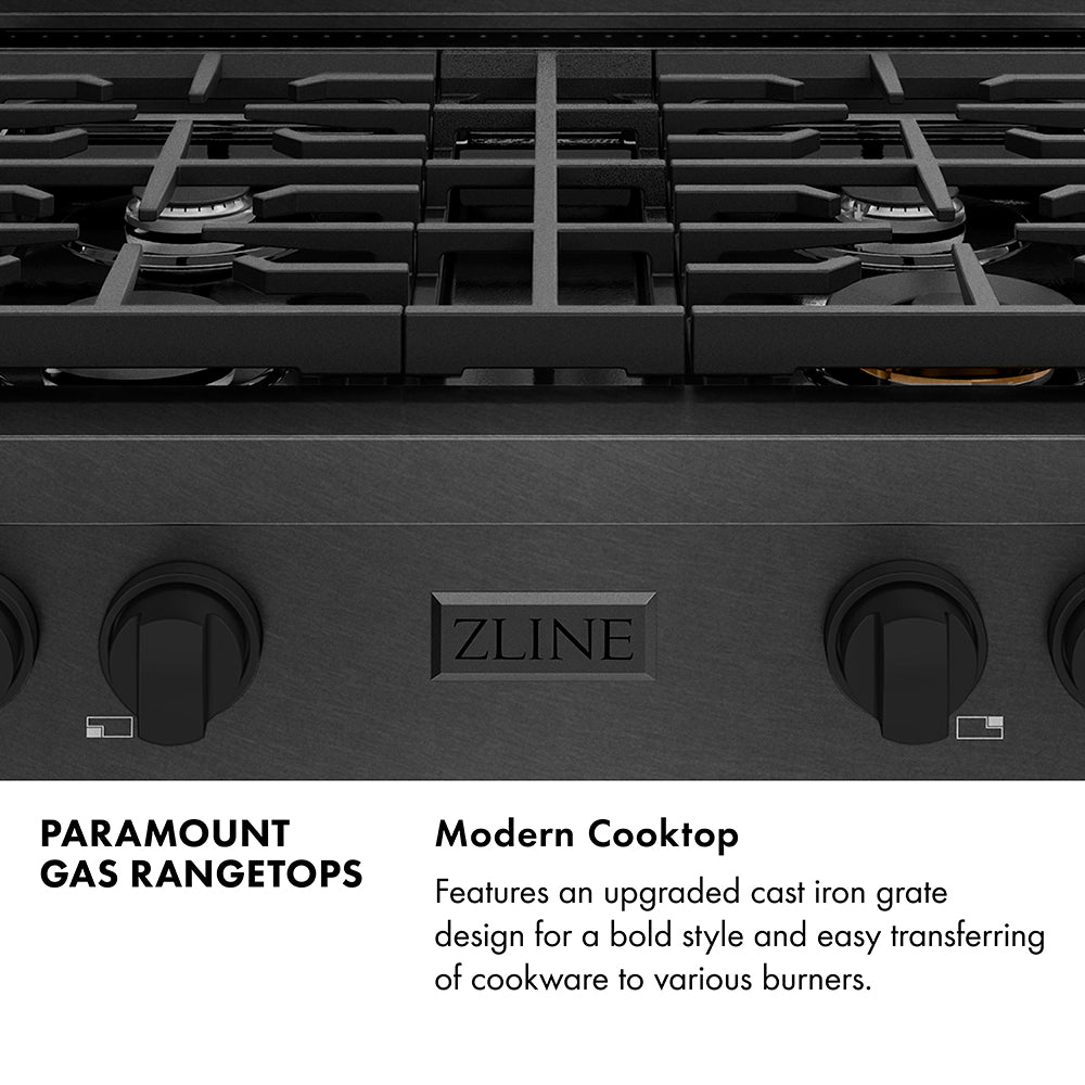 Paramount Series Infographic. Modern Cooktop. Text: Features an upgraded cast iron grate design for a bold style and easy transferring of cookware to various burners.