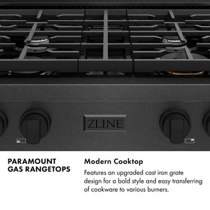 Paramount Series Infographic. Modern Cooktop. Text: Features an upgraded cast iron grate design for a bold style and easy transferring of cookware to various burners.