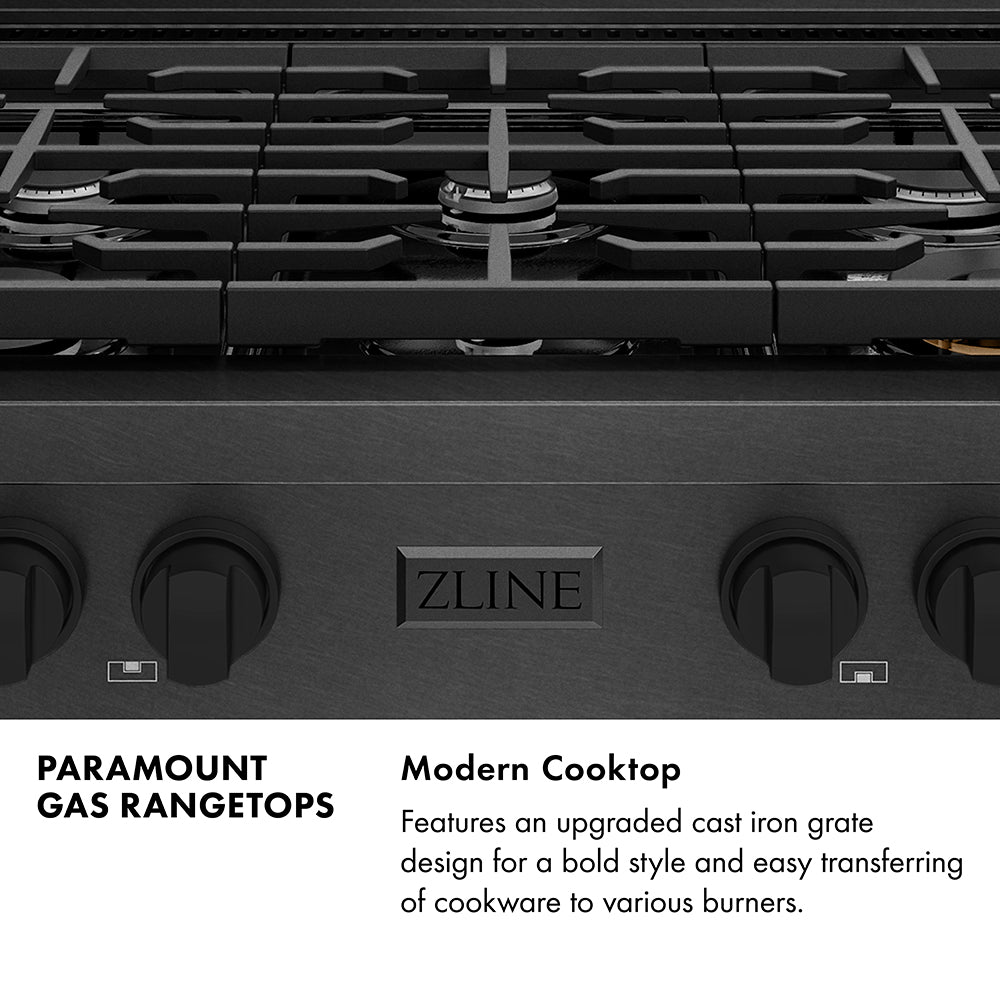 Paramount Series Infographic. Modern Cooktop. Text: Features an upgraded cast iron grate design for a bold style and easy transferring of cookware to various burners.