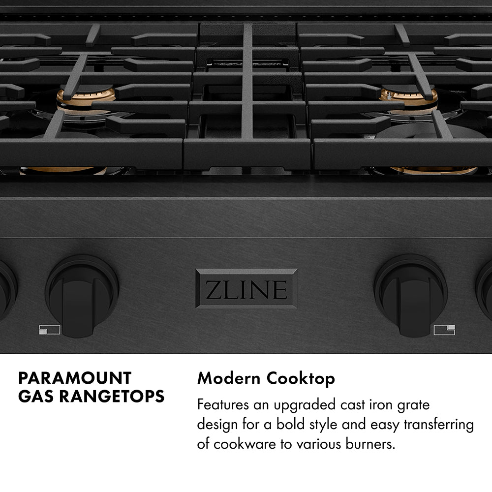 Paramount Series Infographic. Modern Cooktop. Text: Features an upgraded cast iron grate design for a bold style and easy transferring of cookware to various burners.
