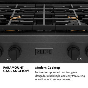 Paramount Series Infographic. Modern Cooktop. Text: Features an upgraded cast iron grate design for a bold style and easy transferring of cookware to various burners.