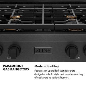 Paramount Series Infographic. Modern Cooktop. Text: Features an upgraded cast iron grate design for a bold style and easy transferring of cookware to various burners.