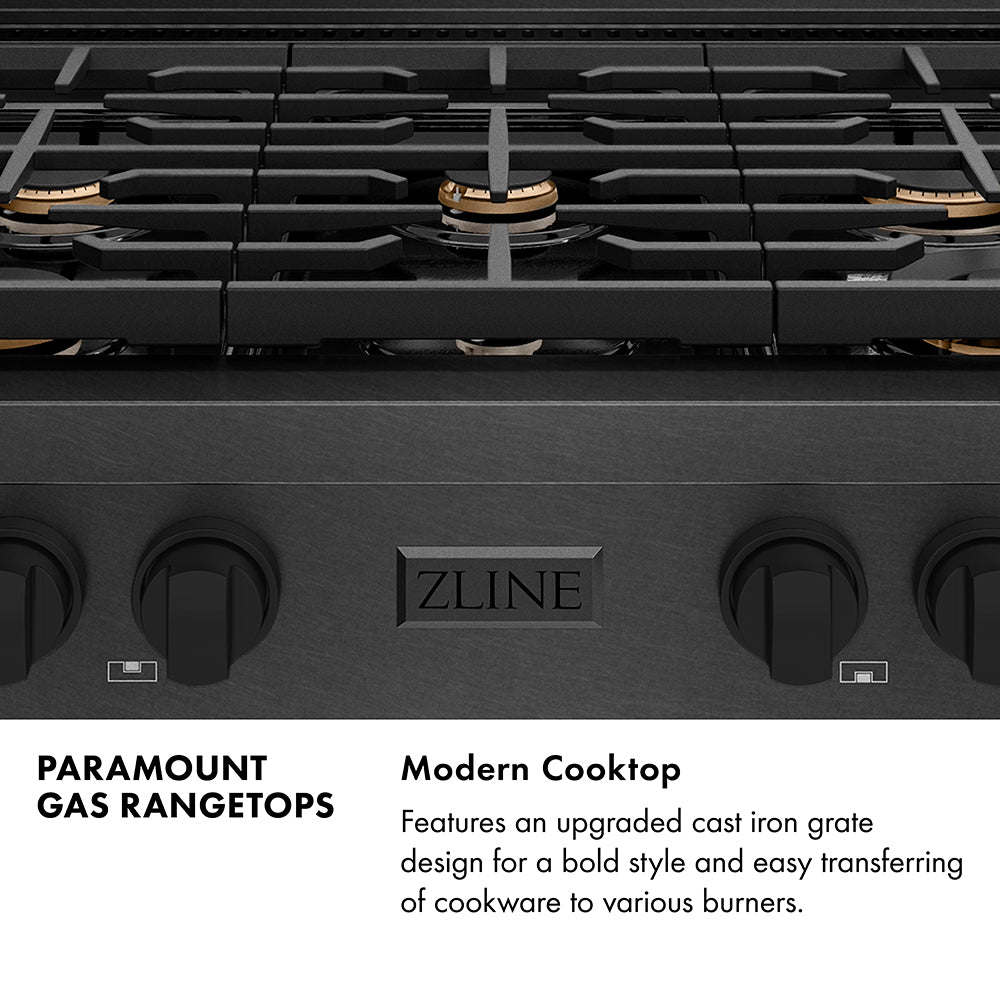 Paramount Series Infographic. Modern Cooktop. Text: Features an upgraded cast iron grate design for a bold style and easy transferring of cookware to various burners.