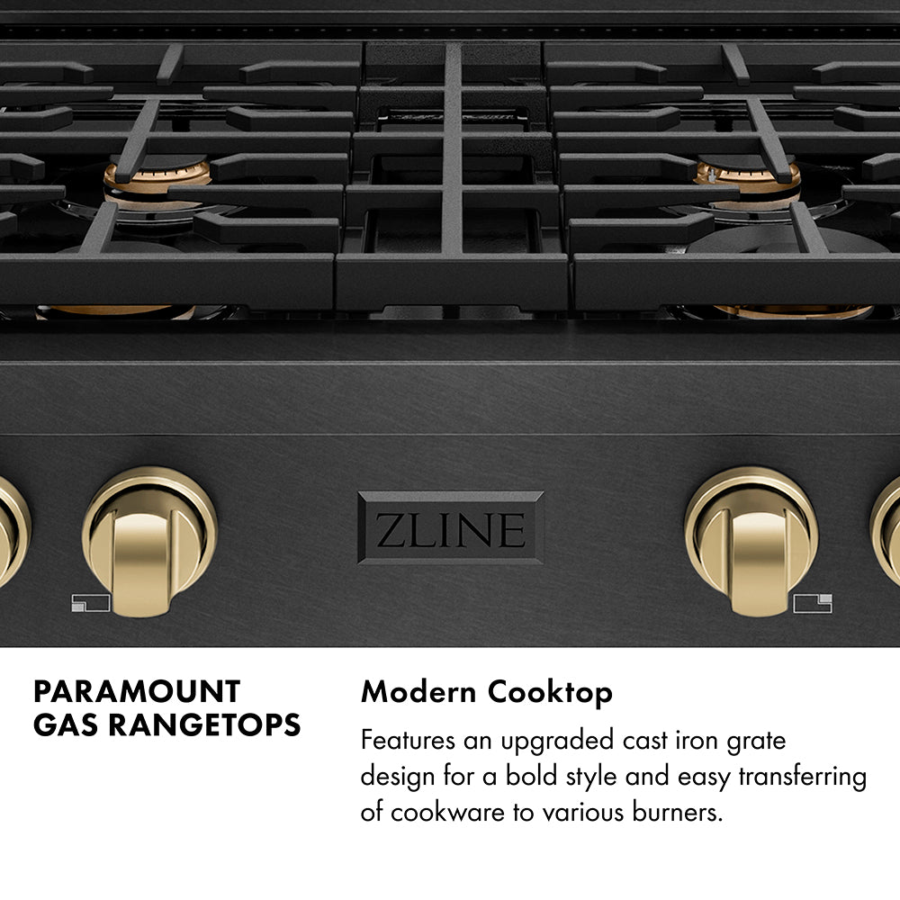 Paramount Series Infographic. Modern Cooktop. Text: Features an upgraded cast iron grate design for a bold style and easy transferring of cookware to various burners.
