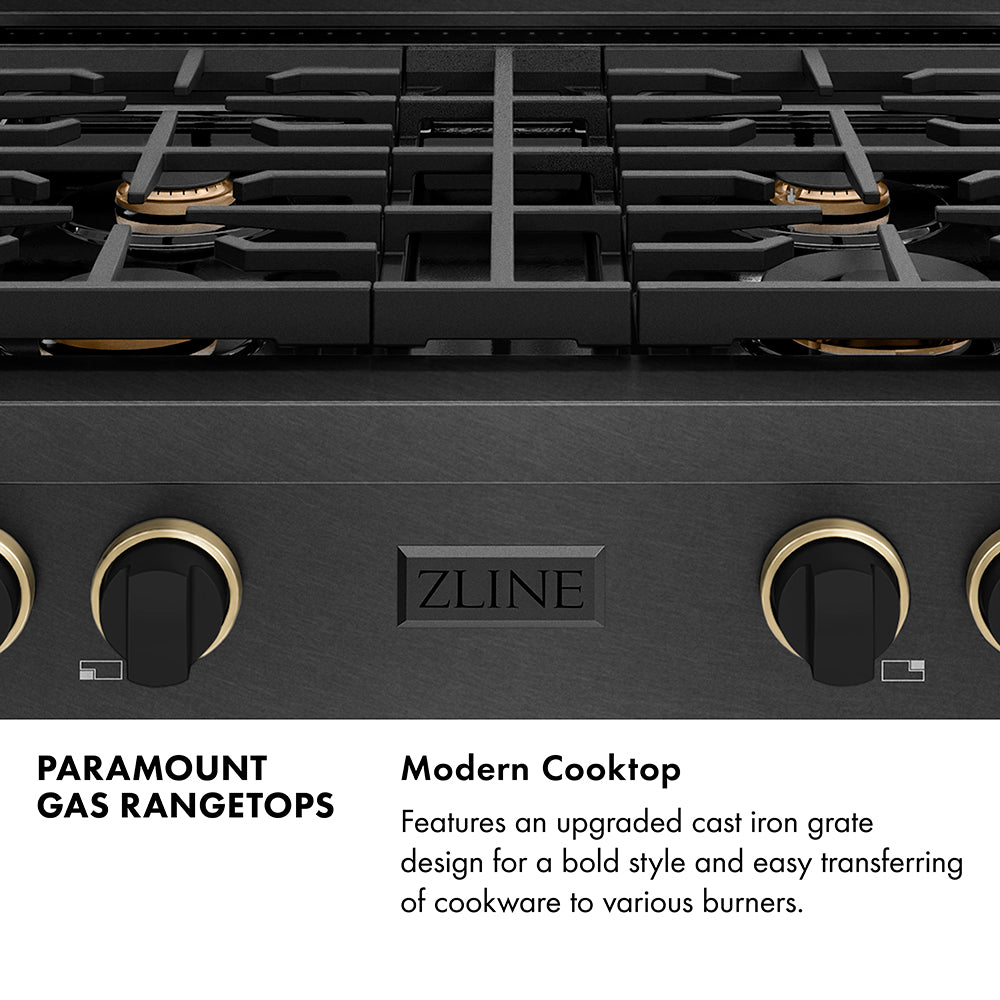 Paramount Series Infographic. Modern Cooktop. Text: Features an upgraded cast iron grate design for a bold style and easy transferring of cookware to various burners.
